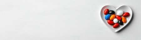 A captivating collection of colorful candies displayed in a heart-shaped bowl, set against a minimalist white background. Perfect for celebrations and joy.の素材