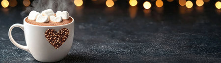 A warm cup of hot chocolate topped with fluffy marshmallows sits elegantly against a dark background, adorned with festive lights, perfect for cozy moments.の素材