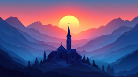 This stunning landscape artwork features a church silhouette surrounded by majestic mountains, illuminated by a vibrant sunset. Perfect for themes of tranquility and nature.の素材