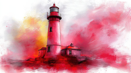 This captivating image features a striking red lighthouse set against a colorful, abstract background, showcasing artistic brush strokes that evoke emotion and serenity in a coastal landscape.の素材