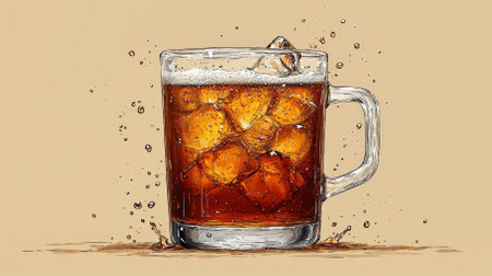 A stunning illustration of a freshly poured ice cold beverage with sparkling bubbles and ice cubes. Perfect for summertime refreshment ideas or social gatherings.の素材