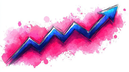 This colorful illustration features a blue arrow on an abstract pink background, symbolizing growth, success, and positive trends in various fields.の素材