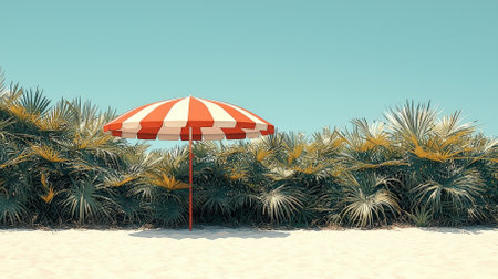 A picturesque beach scene featuring a vibrant red and white umbrella surrounded by lush green foliage. The clear sky enhances the tranquil atmosphere, perfect for relaxation.の素材