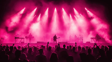 A mesmerizing live music performance captures an energetic audience amidst vibrant pink lights, showcasing silhouettes of artists on stage, evoking emotions and excitement.の素材