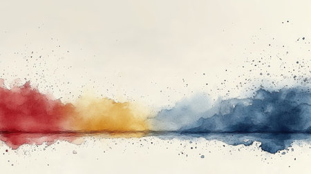This vibrant watercolor abstract artwork features red, yellow, and blue splashes creating a serene atmosphere. Perfect for modern decor and artistic inspiration.の素材