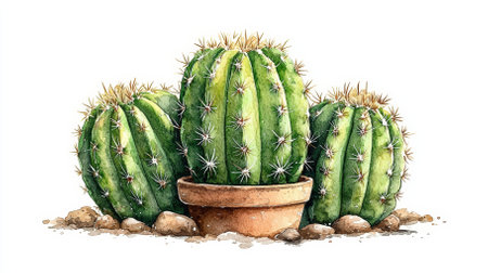 A charming illustration of three vibrant green cacti in a pot, nestled around decorative stones. Perfect for nature lovers and home decor enthusiasts.の素材