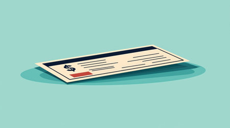 Stylized check resting on a mint background, representing financial transactions and payment methods in a clean, modern aesthetic suitable for various financial themes.の素材