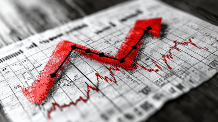 This image showcases a financial growth chart featuring a red arrow indicating an upward trend, set against a textured background. Perfect for conveying success in finance.の素材