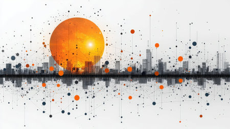 This vibrant abstract illustration showcases a city skyline with a bold sunburst and colorful geometric elements. Perfect for modern design projects.の素材