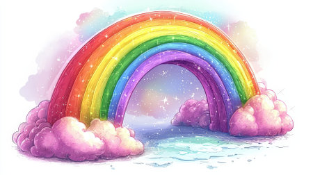A vibrant rainbow arches gracefully over soft pink clouds, reflecting in calm blue waters, creating a whimsical and serene scene that evokes feelings of joy and wonder.の素材