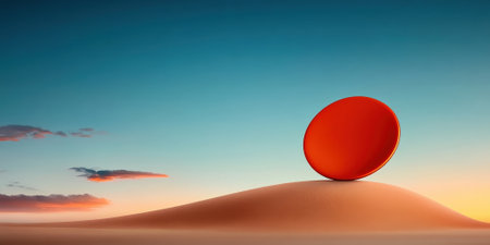 An artistic representation of a vibrant orange sphere delicately balanced on a sandy dune, creating a striking contrast against a colorful sky at sunset, evoking feelings of tranquility and creativity.の素材