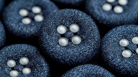 A close-up view showcasing intricate denim buttons with pearl-colored loops, emphasizing details and textures. Perfect for fashion design and textile projects.の素材