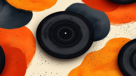 This vibrant abstract artwork features vinyl records against a backdrop of colorful brush strokes in shades of orange and black, creating a dynamic visual experience.の素材
