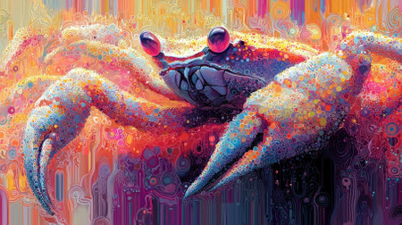 This vibrant abstract illustration features a crab with colorful textures and patterns, showcasing artistic flair and creativity in marine life representation.の素材