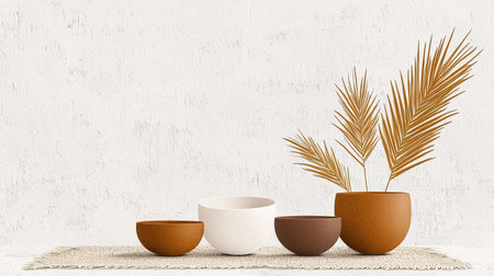 A serene and minimalist display featuring decorative pottery in earthy tones, adorned with dried palm leaves. Ideal for home interior inspiration.の素材