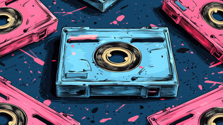 This vivid illustration features retro audio cassette tapes in vibrant pink and blue hues, ideal for nostalgic music enthusiasts and art collectors.の素材