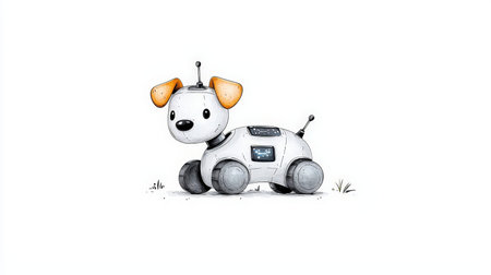 This adorable cartoon-style robotic dog combines technology and creativity, perfect for illustrations related to innovation, children's toys, and playful themes.の素材