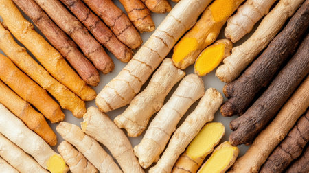 A vibrant collection of turmeric roots showcasing various shades from yellow to brown. Ideal for culinary dishes, wellness practices, and herbal remedies.の素材