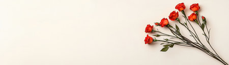 A stunning arrangement of vibrant red roses positioned elegantly against a soft cream background, perfect for romantic themes or floral decor.の素材