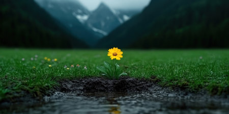 A vibrant yellow flower stands proudly in a serene mountain landscape, reflected in a tranquil water body. The scene captures the beauty of nature and the essence of solitude.の素材
