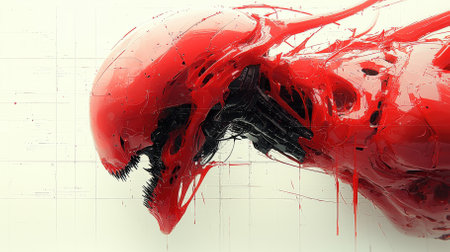 This artwork showcases a striking red alien creature with a fluid, abstract design and futuristic details. The vivid colors and dynamic forms evoke a sense of surrealism and creativity.の素材