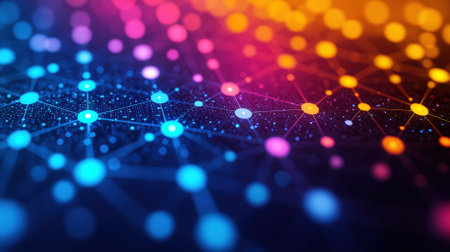 A striking image showcasing colorful dots and lines interconnected on a dark background, representing the intricate nature of modern technology and networks.の素材