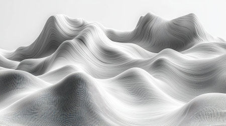 This image features abstract 3D waves rendered in monochrome tones, creating a tranquil and minimalistic landscape. The smooth contours and fluid patterns evoke a sense of serenity and modern elegance.の素材