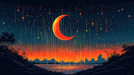 Experience the mesmerizing beauty of a crescent moon shimmering in a starry night sky above a glowing cityscape. This artwork captures tranquility and imagination.の素材