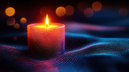 A beautifully lit candle flame rests atop a colorful, textured surface, creating a serene and warm atmosphere perfect for relaxation and cozy moments.の素材