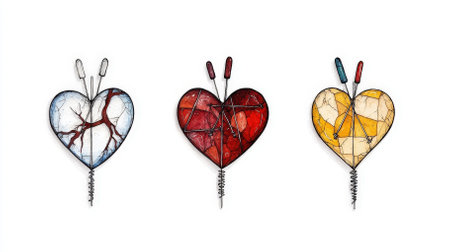 This striking artwork features three different hearts, each adorned with a corkscrew and syringes, symbolizing love, healing, and complexity in modern life.の素材