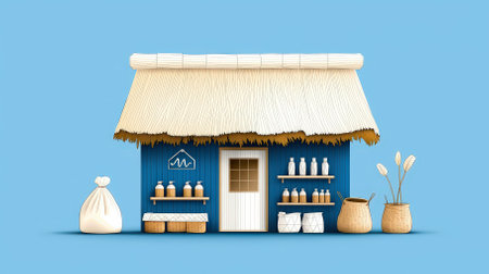 A charming illustration of a colorful hut with a straw roof, featuring various containers and a vibrant blue background, perfect for rural-themed projects.の素材