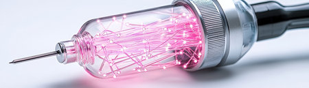 This image showcases a unique tool featuring vibrant pink fiber optics and a precision tip, merging aesthetics with modern technology, ideal for creative projects.の素材