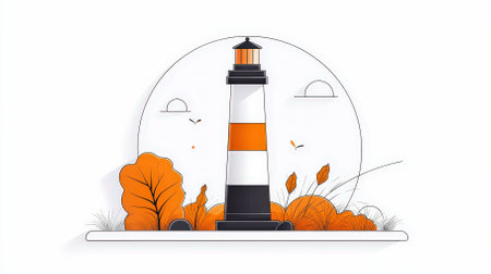 This striking illustration features a lighthouse surrounded by vibrant autumn foliage, creating a serene coastal scene. Perfect for seasonal designs.の素材