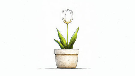 A minimalist illustration featuring a white tulip plant in a textured pot. Perfect for decor, this piece captures simplicity and elegance, bringing a touch of nature indoors.の素材