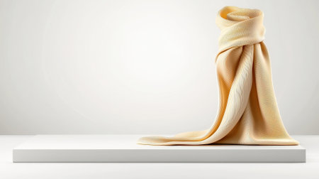 A beautifully draped fabric in soft beige tones rests elegantly on a minimalist display platform, creating a serene atmosphere.の素材