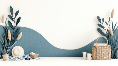 A serene minimalistic interior featuring a soothing blue and white color scheme, accented by natural elements like plants and simple tableware, perfect for a cozy setting.の素材