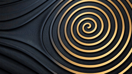 This abstract spiral design features elegant golden swirls on a dark background, creating a modern and sophisticated visual experience ideal for various creative projects.の素材