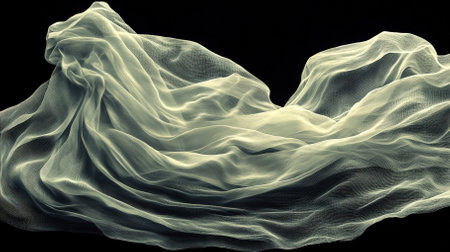 This captivating image features an ethereal flow of soft fabric, creating an abstract artistic composition against a black background. Ideal for design projects.の素材