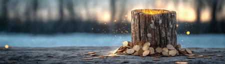 A glowing tree stump radiates warmth among scattered gold coins, set against a frosty winter landscape at dusk, creating a scene of magic and tranquility.の素材