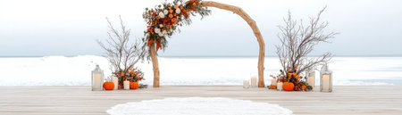 A stunning wedding arch adorned with vibrant flowers and lanterns on a winter beach at sunset. The serene atmosphere creates a romantic setting for a memorable ceremony.の素材