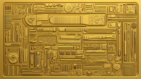 A stunning flat layout showcasing a collection of golden tools, perfect for artistic and creative projects. This image highlights craftsmanship and design in a unique presentation.の素材