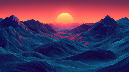 A captivating abstract landscape featuring a vibrant sunset over wavy mountains. The scene showcases a blend of warm and cool colors, creating an atmospheric view. Ideal for artistic and scenic projects.の素材