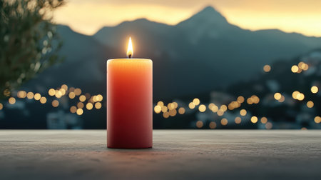 A calming scene featuring a glowing candle against a stunning mountain backdrop at dusk. The blurred lights create a serene ambiance, perfect for relaxation.の素材