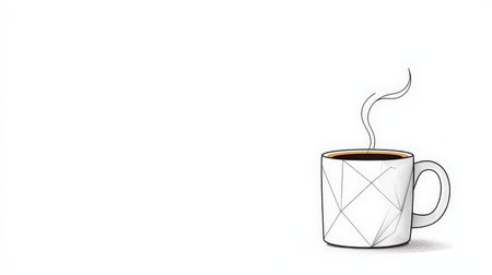A minimalist illustration of a steaming coffee mug on a clean white background, perfect for expressing warmth and comfort.の素材
