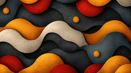 Explore the vibrant interplay of colorful waves and shapes in earthy tones, ideal for creative projects. This textured design brings elegance and modernity.の素材