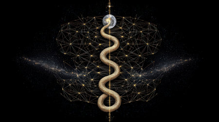 A stunning golden snake coils around a celestial sphere against a cosmic backdrop of stars, symbolizing energy and transformation, creating a mesmerizing visual experience.の素材