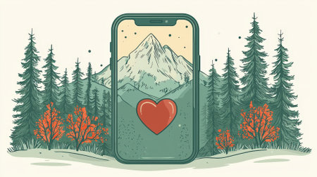 A stylish smartphone displays a heart symbol, set against a tranquil mountain landscape with lush trees. Perfect for themes of love and technology integration.の素材