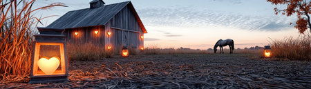 A serene evening scene featuring a rustic barn, glowing lanterns shaped like hearts, and a horse grazing peacefully at dusk. Perfect for conveying warmth and tranquility.の素材