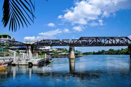 The railway bridge over the river that is made of steel.の写真素材
