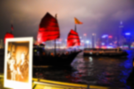 Junks floating in the middle of Hong Kong harbor. Abtract blur, out focus, Nearsightedness is not clear.の写真素材